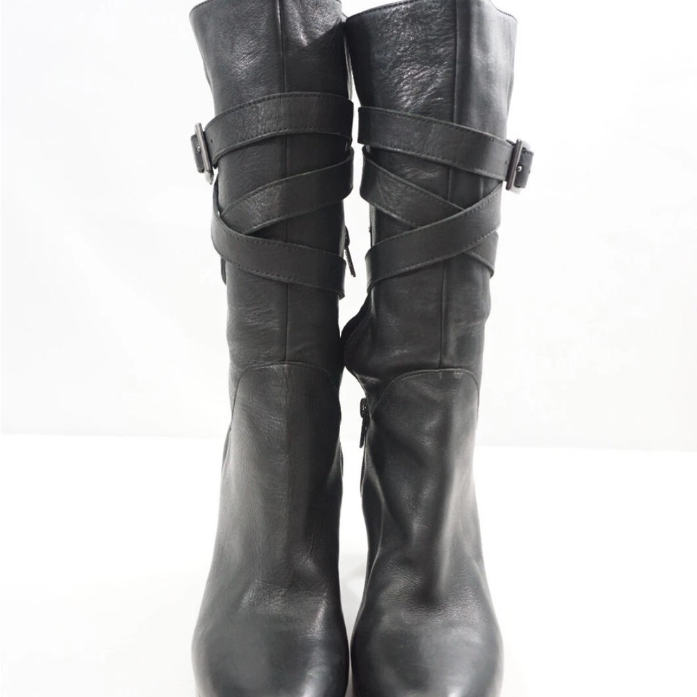 Women's Ugg Jardin Black Leather Platform Heeled Boots Mid-calf 10 EUC